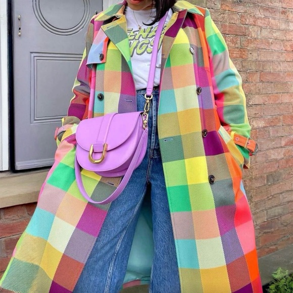 Retro Plaid Belted Trench Coat S M L XL - Picture 4 of 8